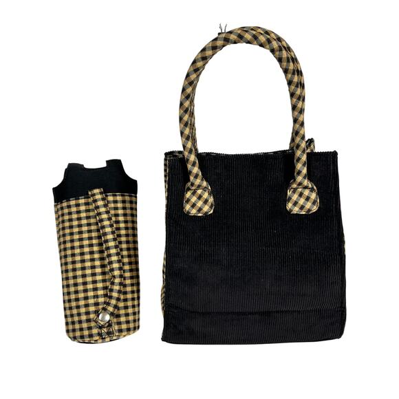Longaberger Corduroy Plaid Small Tote Bag Purse Black Tan Khaki Check Homestead - Picture 3 of 16